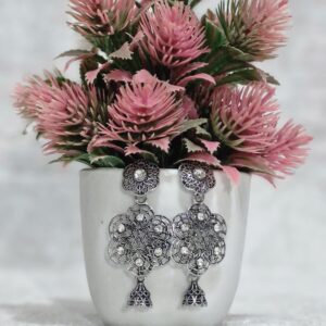 Elegant Floral Silver Jhumka Earrings - Image 1
